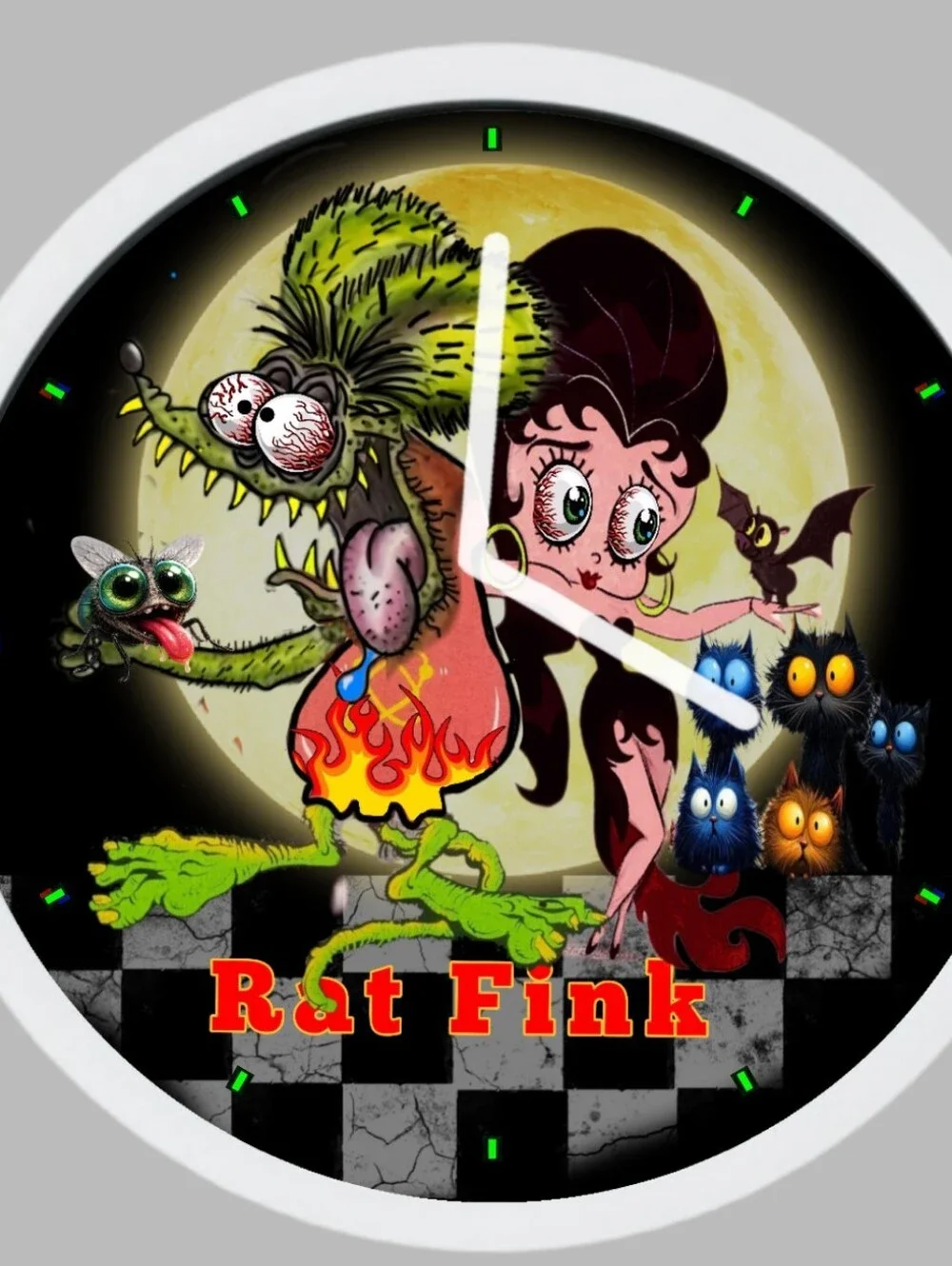 Rat Fink  And Betty Boop Graphic Wall Clock - Colorful Monster & Pin-Up Art